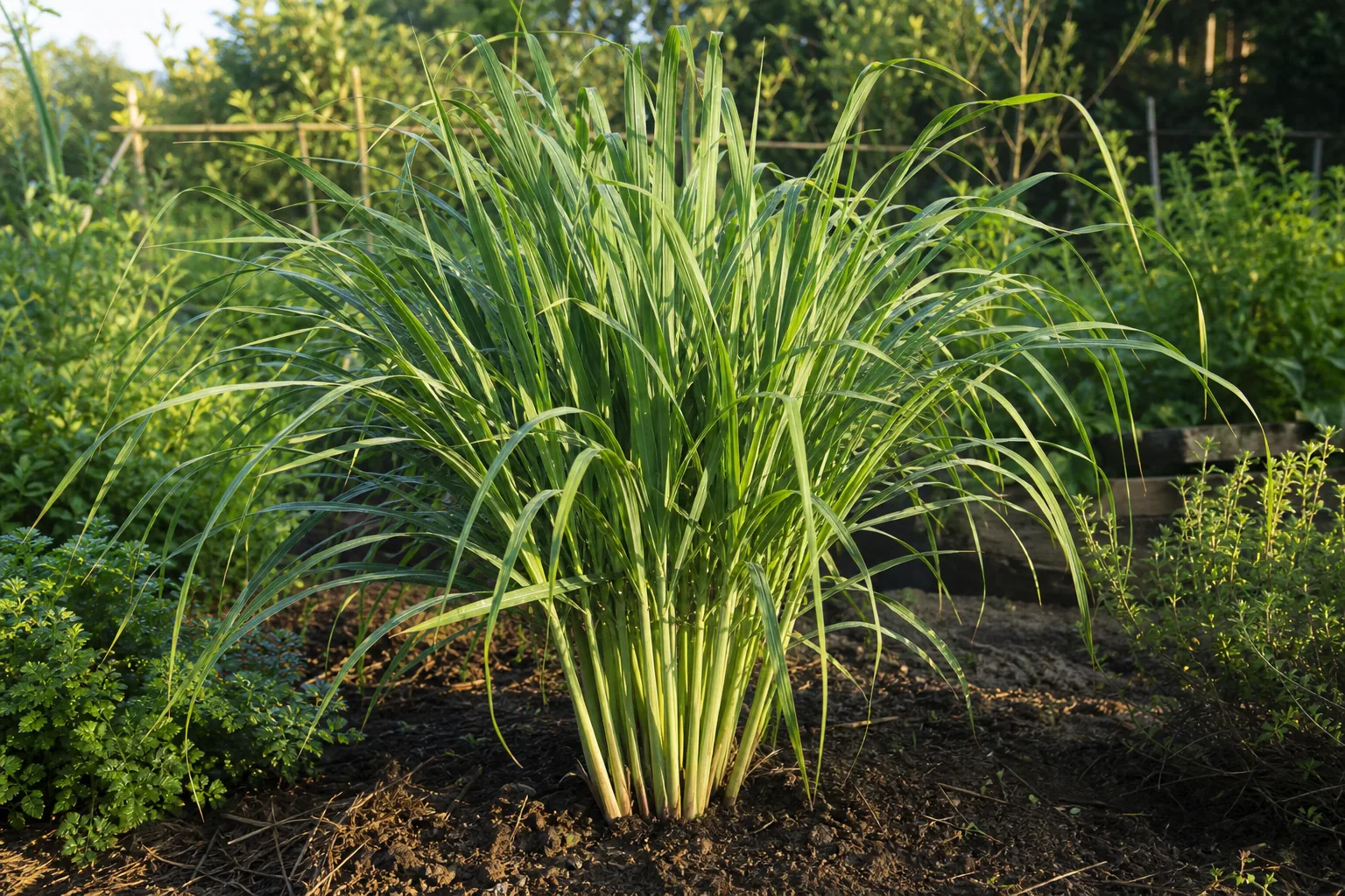 Lemongrass growing in a warm sunny natural herb garden bed