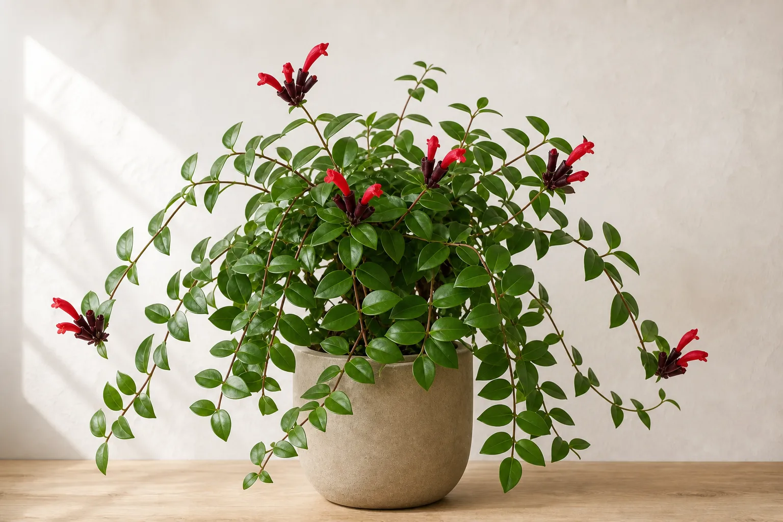 Lipstick Plant in a warm stone ceramic pot against an off-white wall