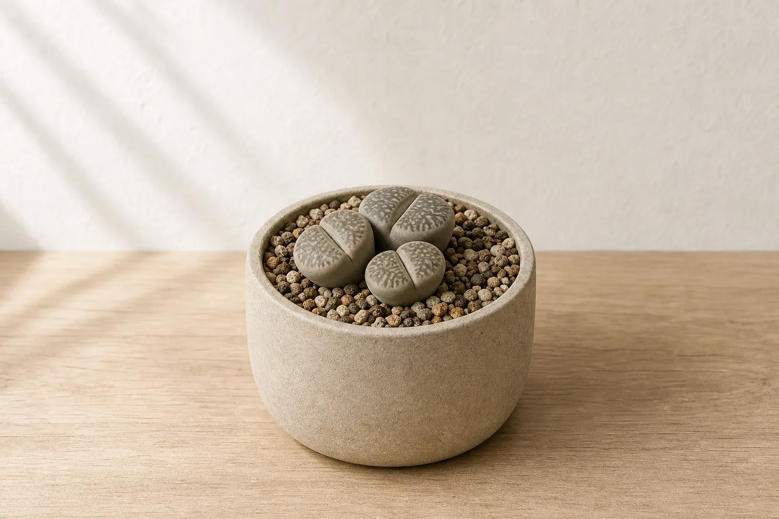 Living Stone in a warm stone ceramic pot against an off-white wall