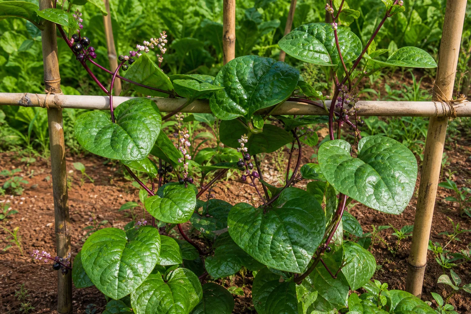 Malabar Spinach climbing a warm sunny kitchen garden trellis