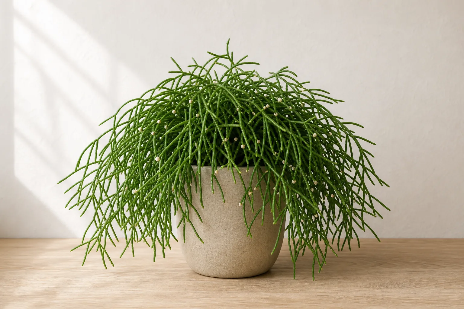 Mistletoe Cactus in a warm stone ceramic pot against an off-white wall