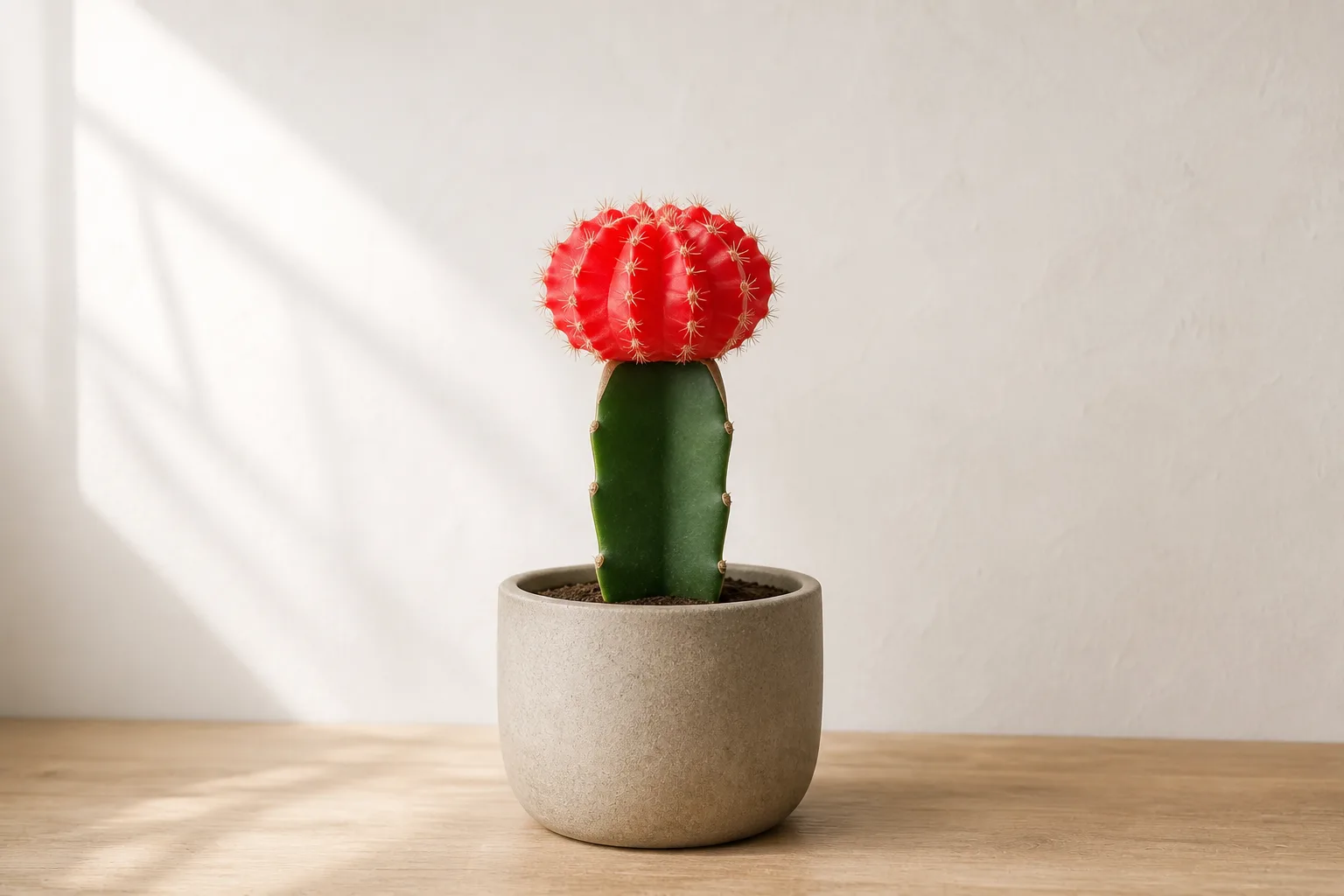 Moon Cactus in a warm stone ceramic pot against an off-white wall