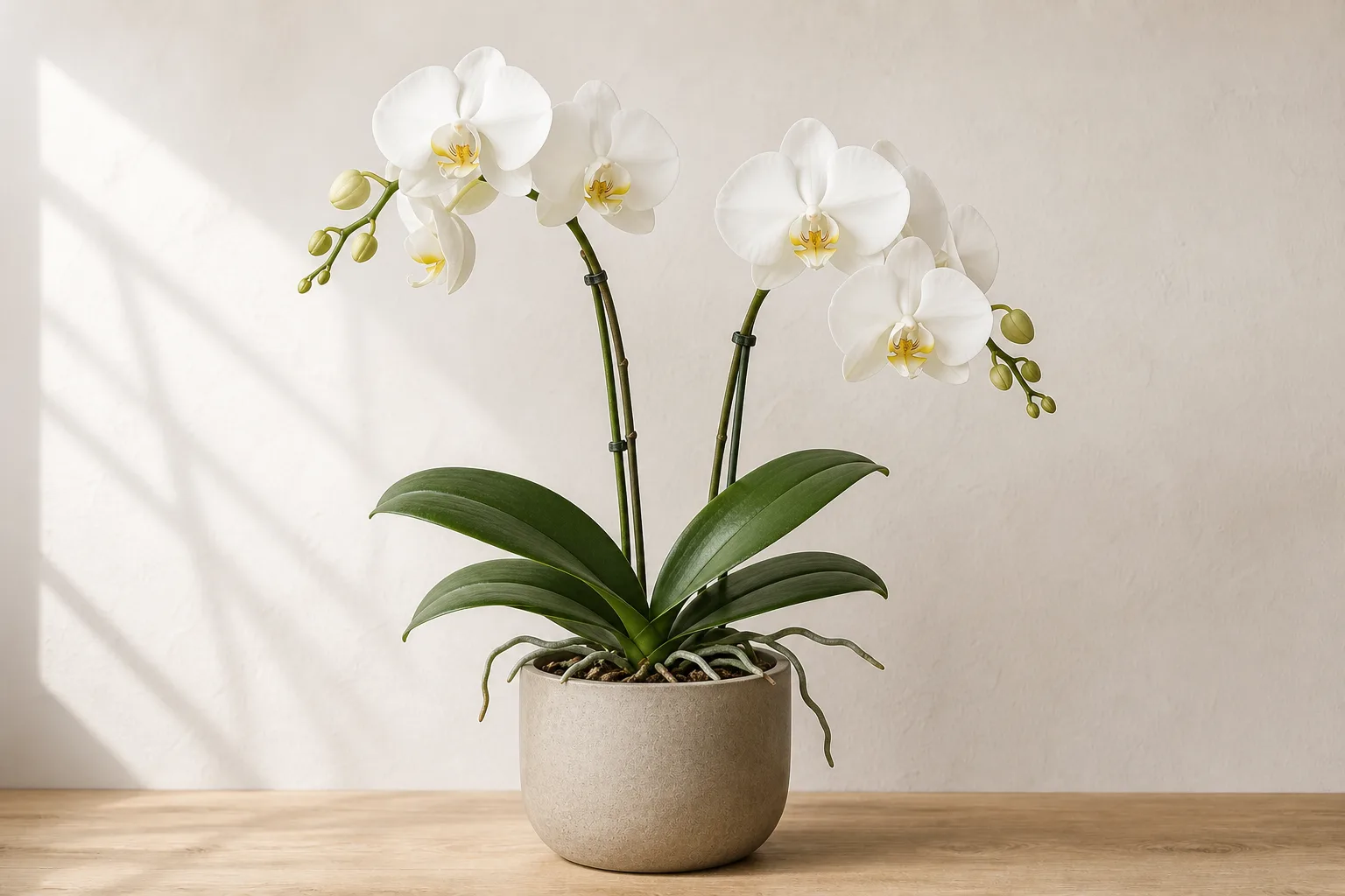 Moth orchid with visible roots that help illustrate firm living tissue versus collapse