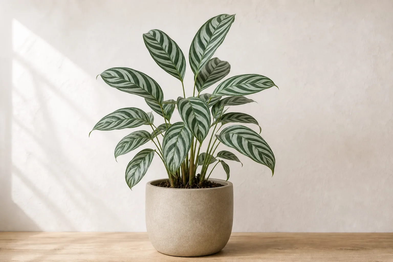 Never-never Plant in a warm stone ceramic pot against an off-white wall