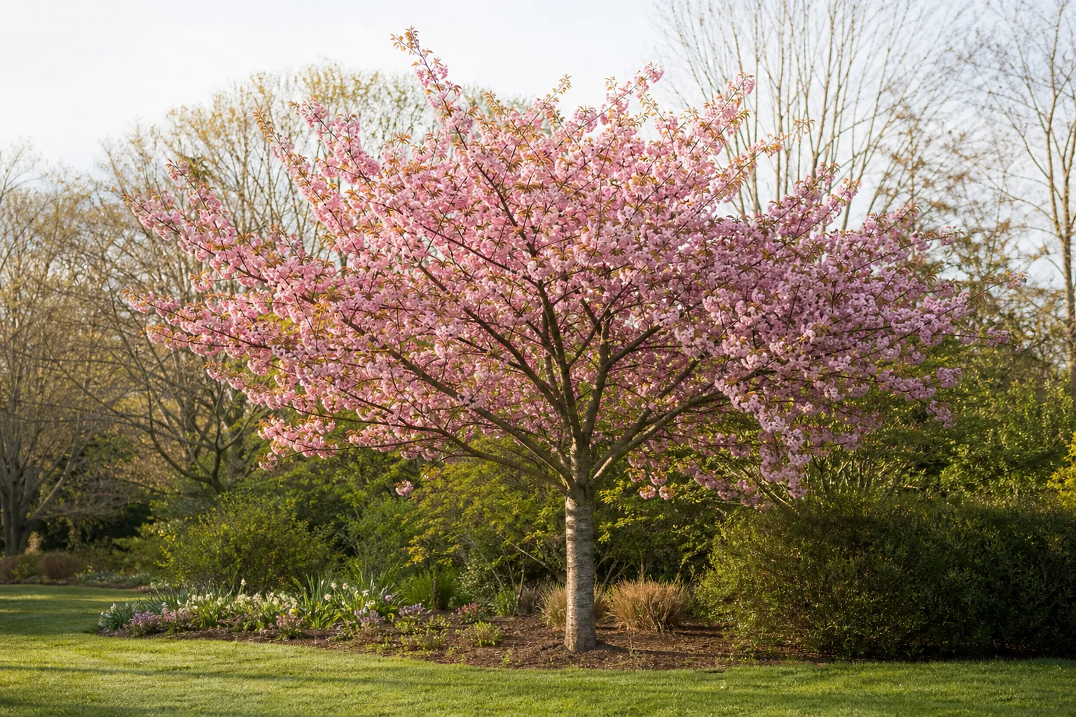 Pink Ornamental Cherry flowering in a spacious spring garden