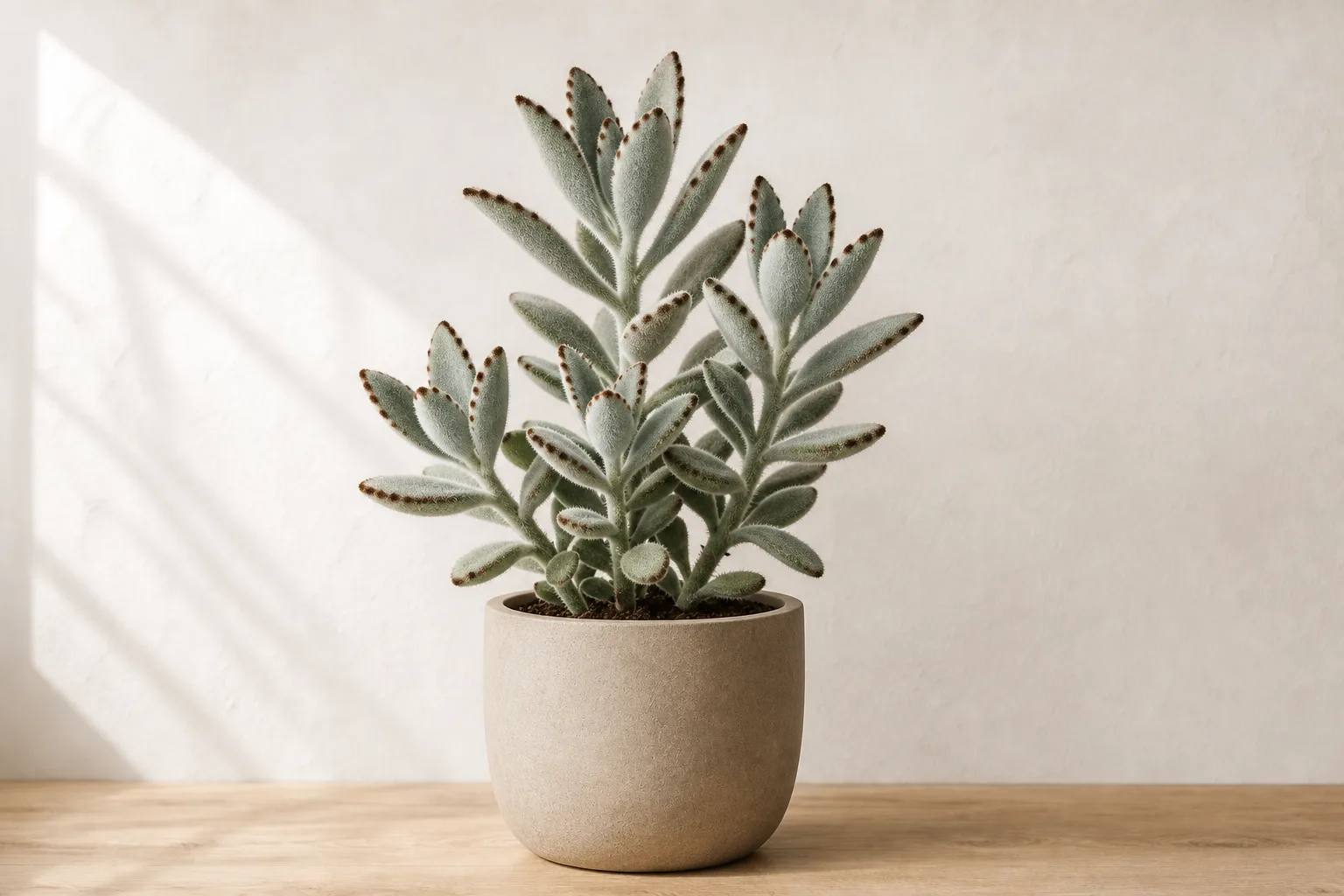 Panda Plant in a warm stone ceramic pot against an off-white wall