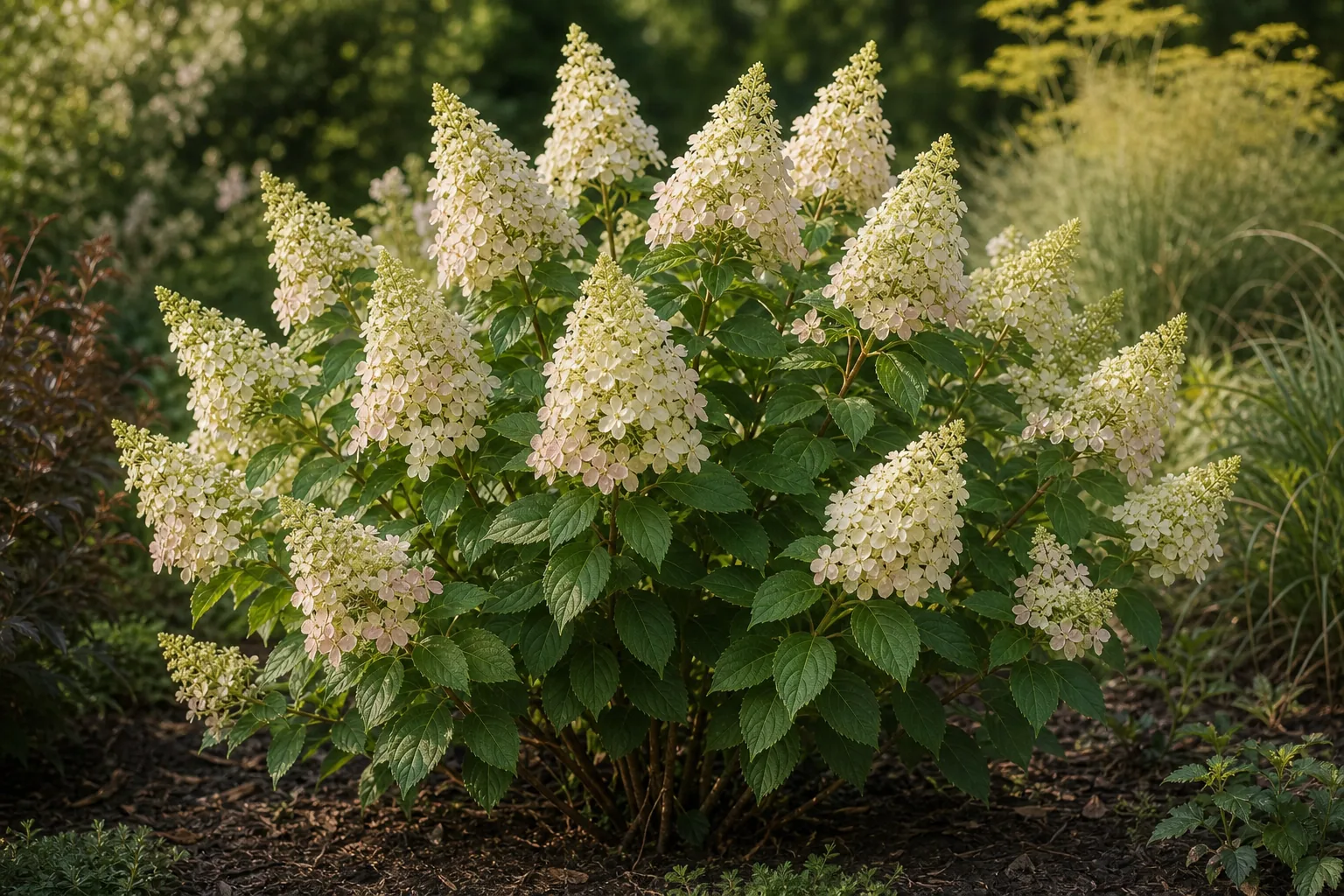 Panicle Hydrangea flowering in a natural shrub border