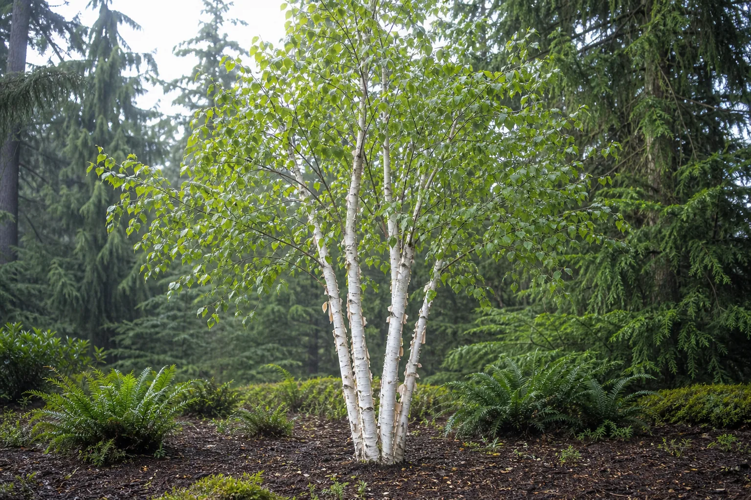 Paper Birch growing in a cool natural garden with white peeling trunks