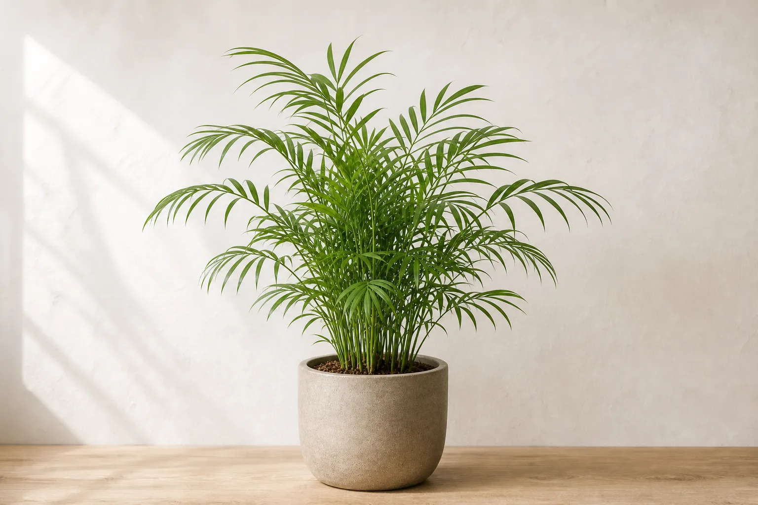 Parlor palm in filtered summer light illustrating warm-season care