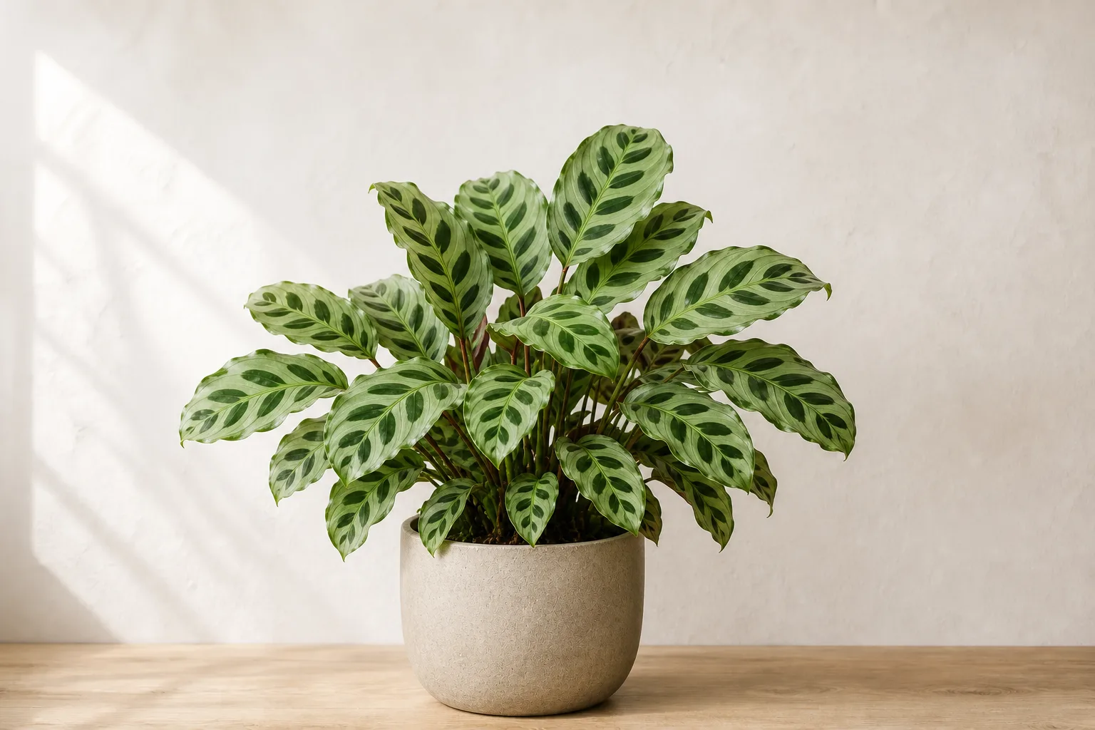 Peacock plant foliage illustrating a careful lukewarm plant rinse