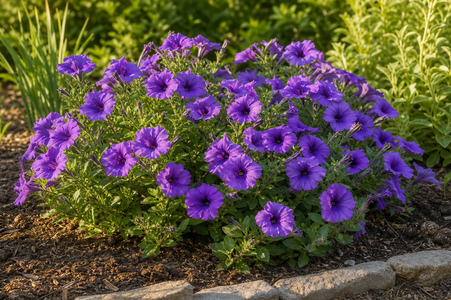 Purple Petunias flowering in a sunny natural garden border