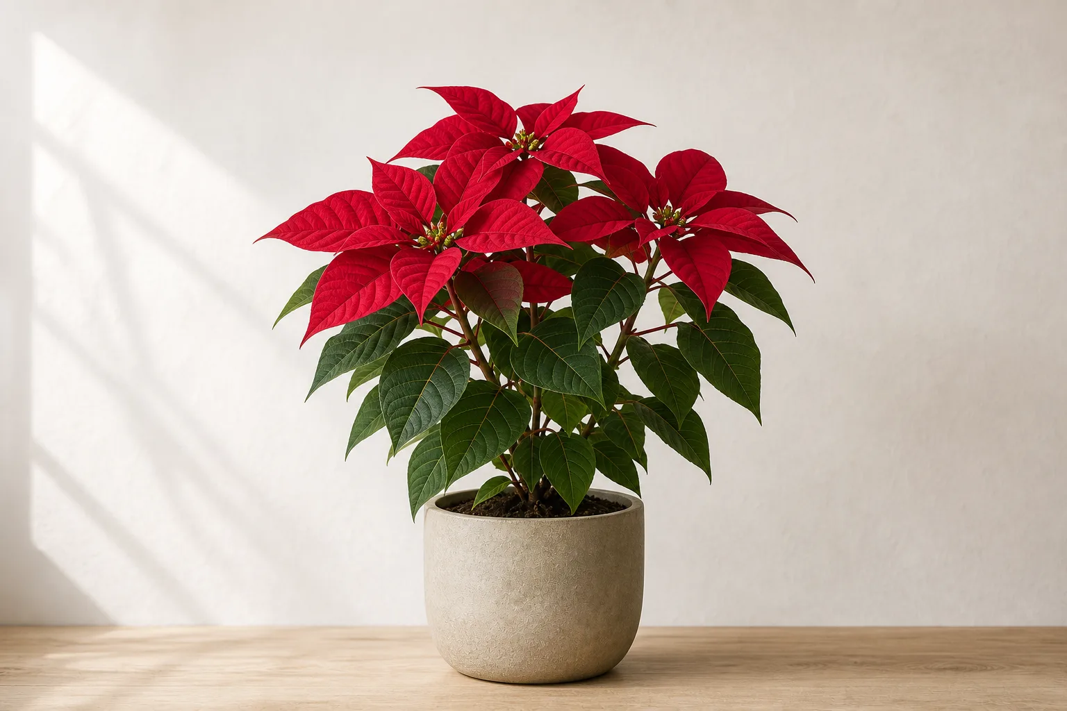Poinsettia foliage illustrating how indoor plants can shed leaves after environmental stress
