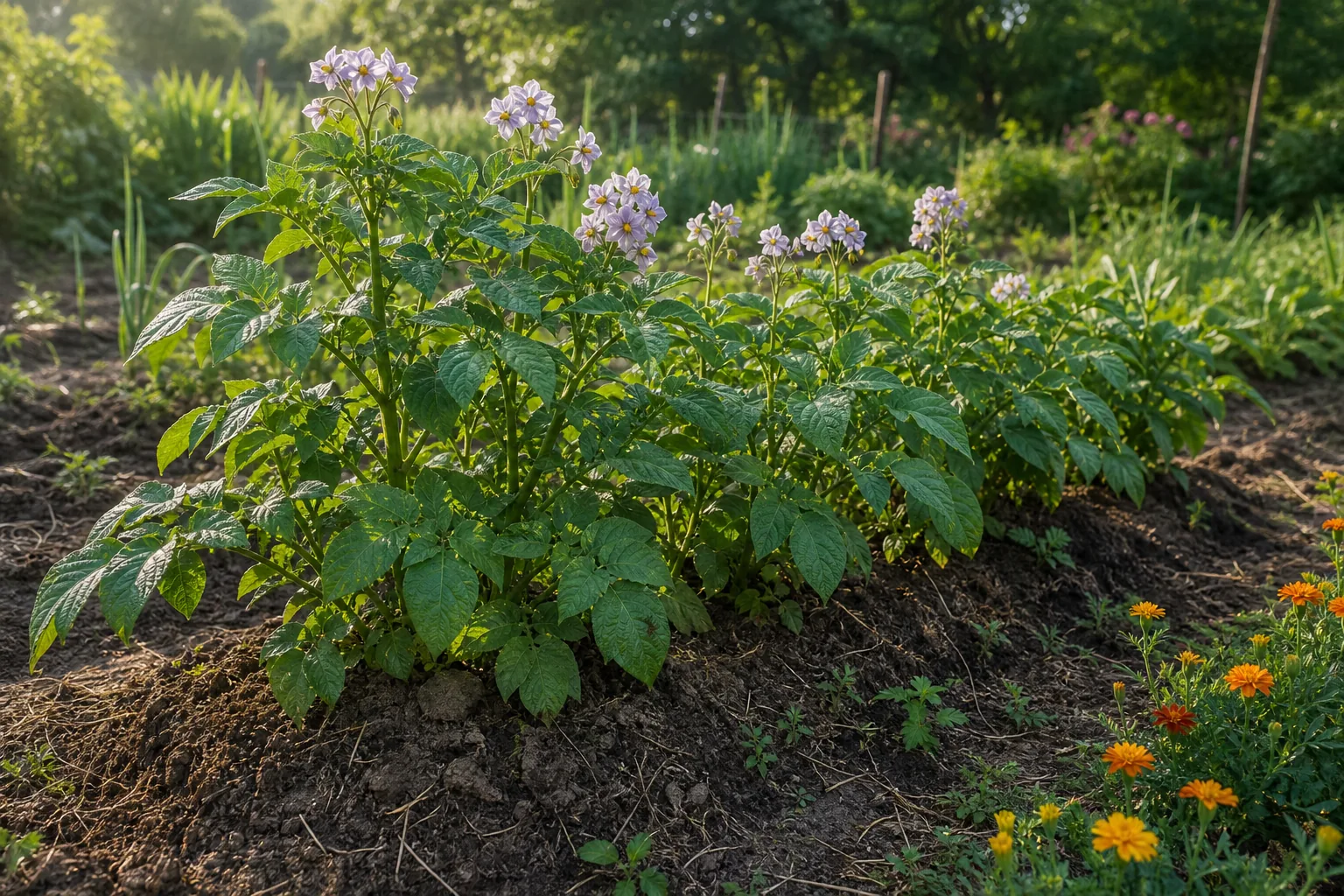 Potato plants flowering in a hilled natural kitchen garden bed