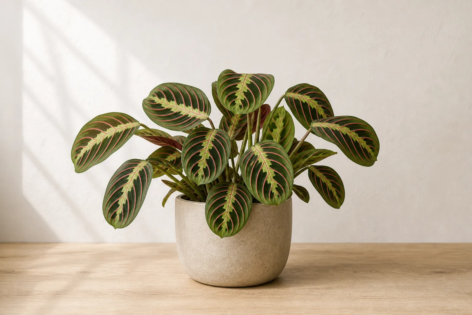 Prayer plant leaf surfaces where spider mite stippling and fine webbing can be inspected