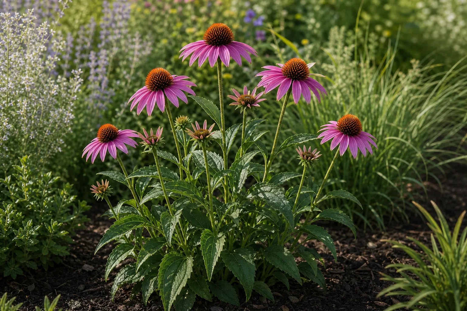 Purple Coneflower blooming in a sunny naturalistic perennial border
