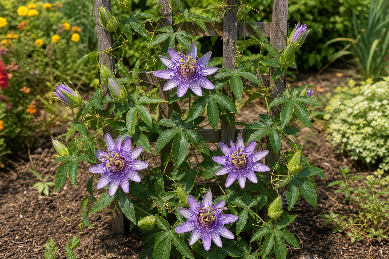 Purple Passionflower blooming on a sunny garden trellis
