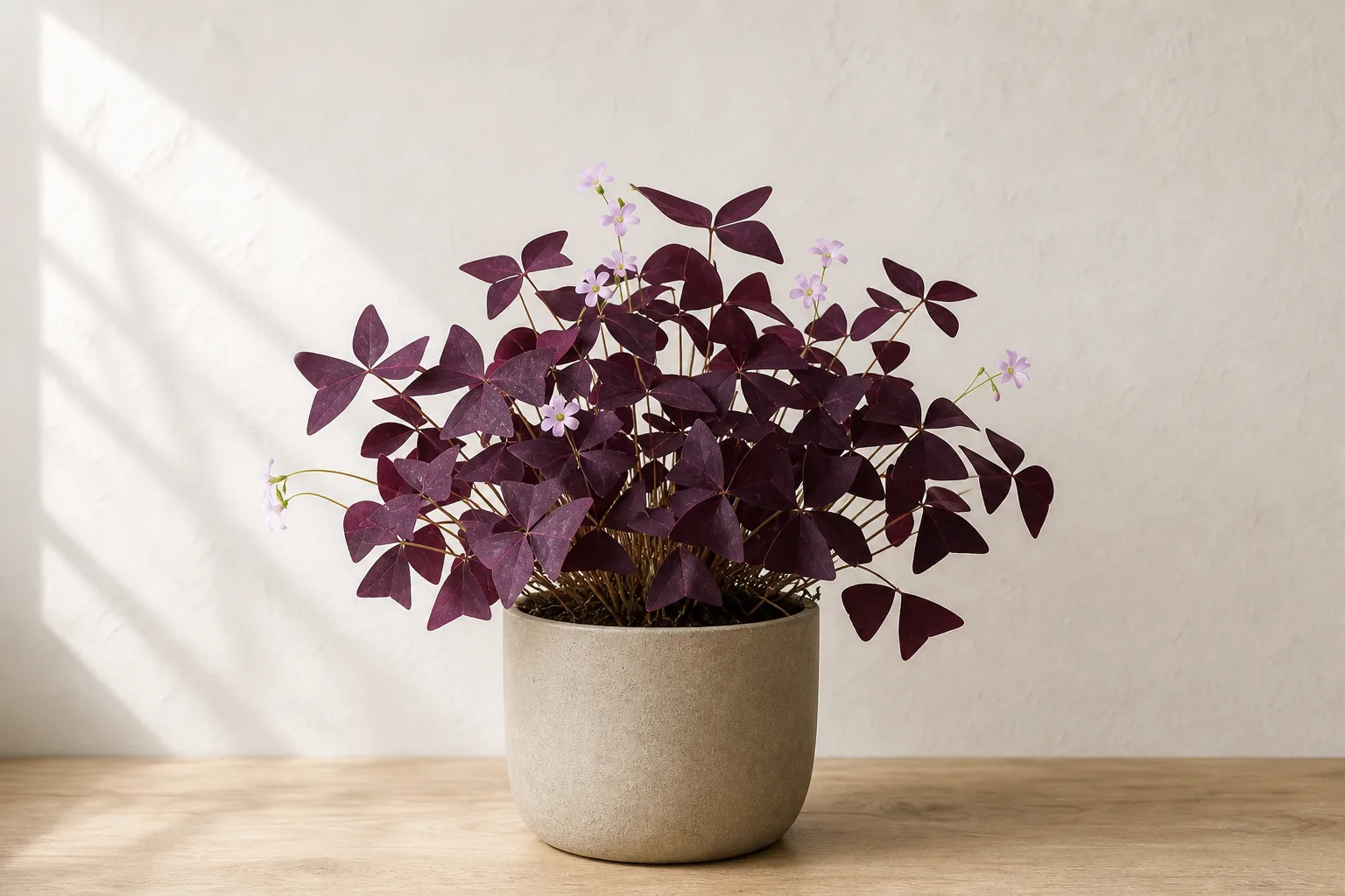 Purple Shamrock in a warm stone ceramic pot against an off-white wall