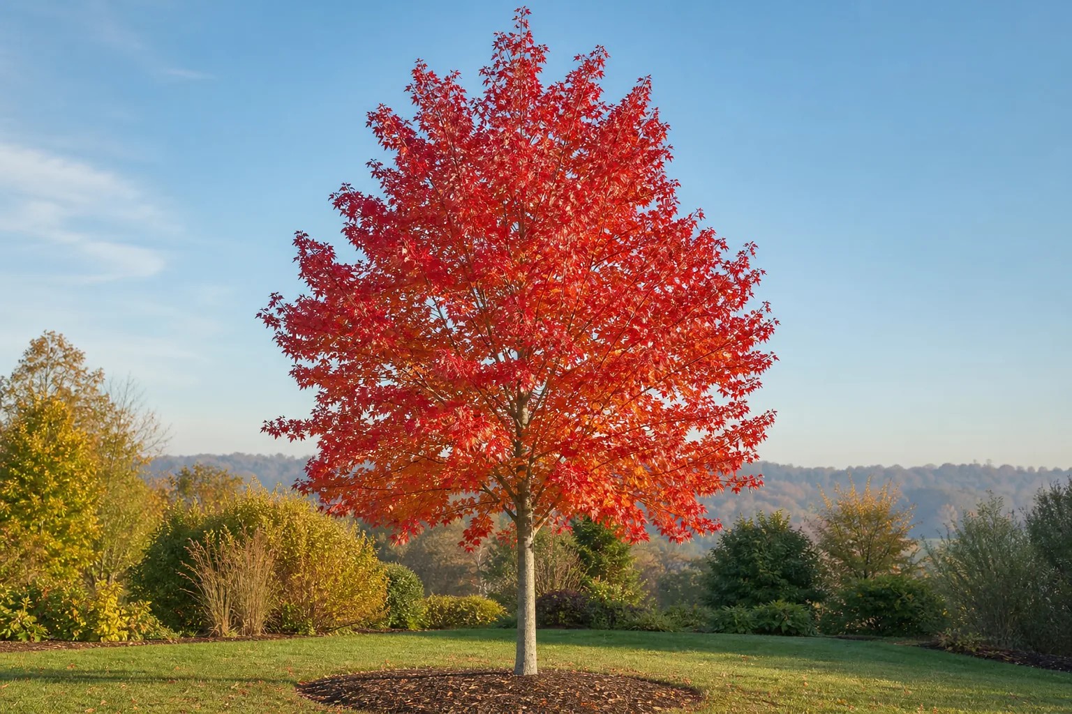 Red Maple growing in a spacious lawn-edge garden with red autumn foliage
