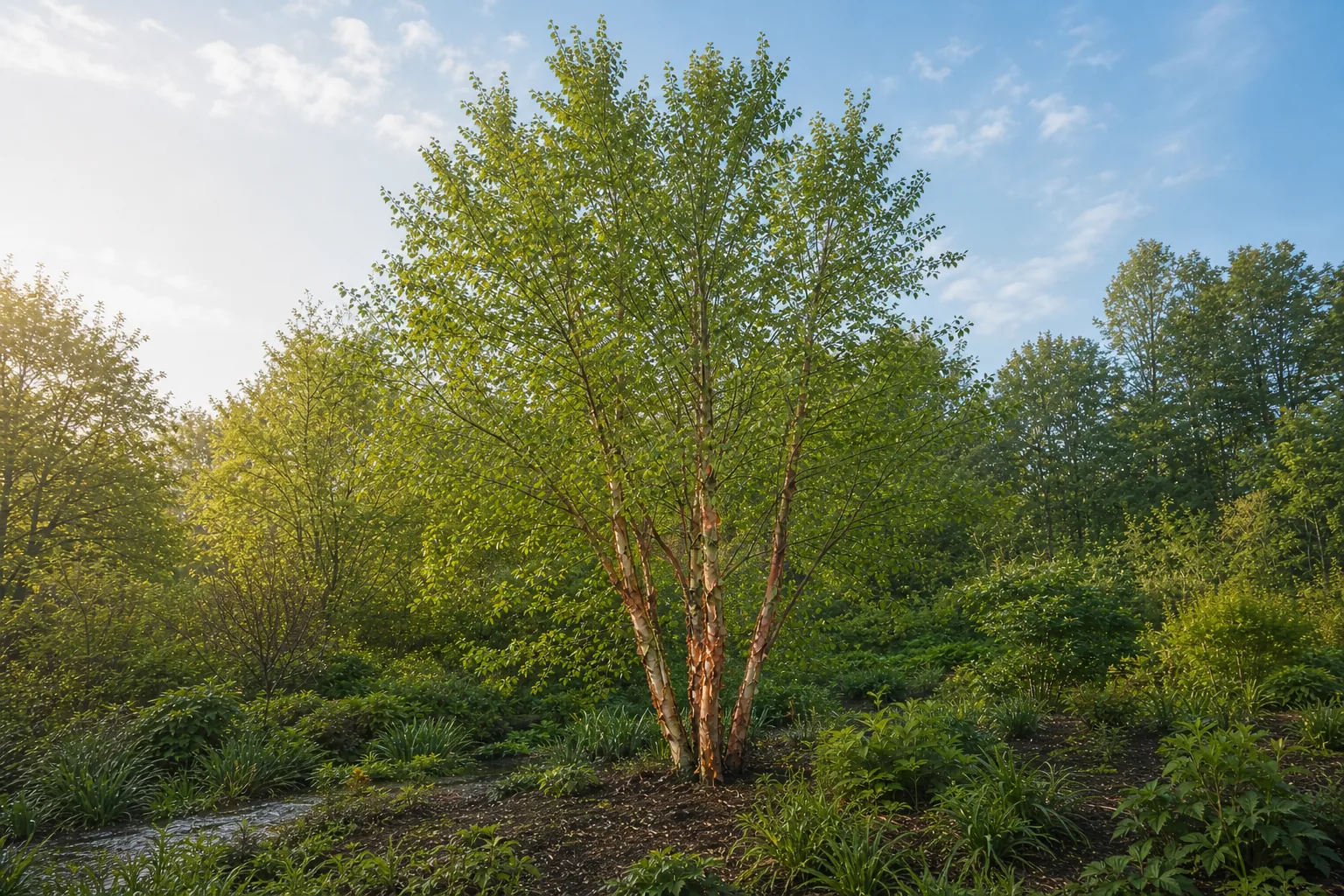 Multi-trunk River Birch growing in a moist natural garden with peeling copper bark
