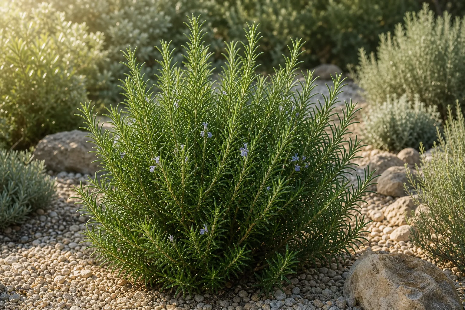 Rosemary growing in a sunlit gravel herb garden