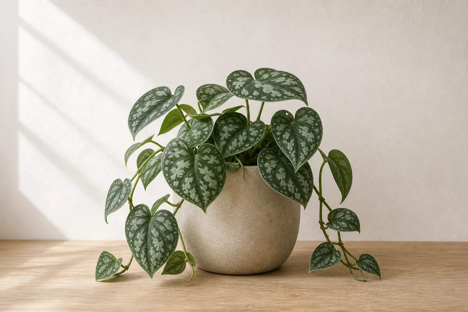 Silver Satin Pothos in a warm stone ceramic pot against an off-white wall