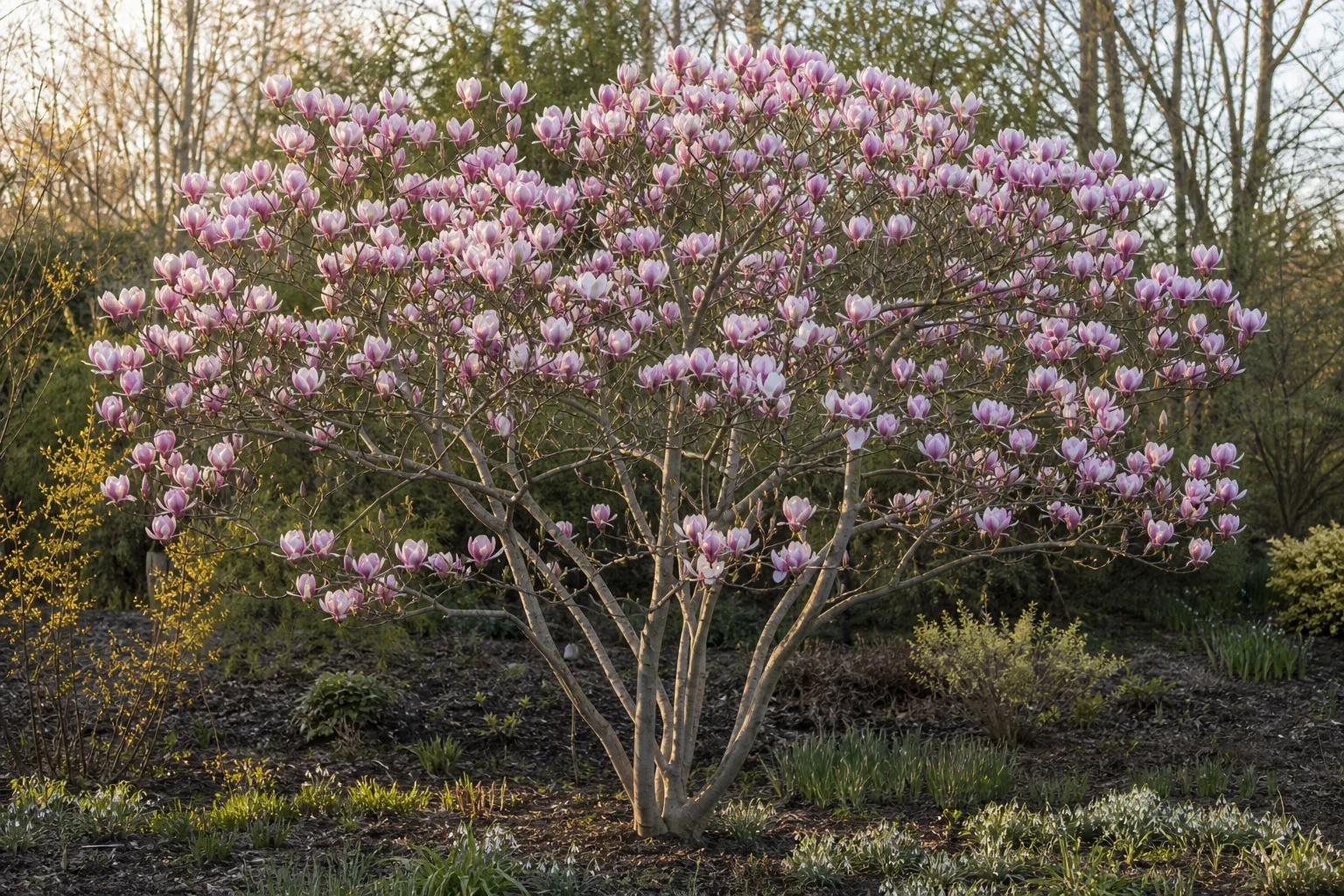 Pink-and-white Saucer Magnolia flowering in an early spring garden
