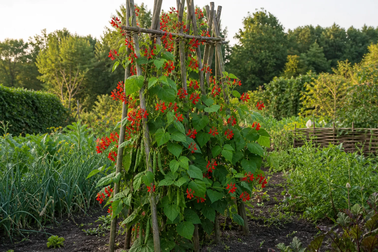 Scarlet Runner Bean flowering on a kitchen garden trellis