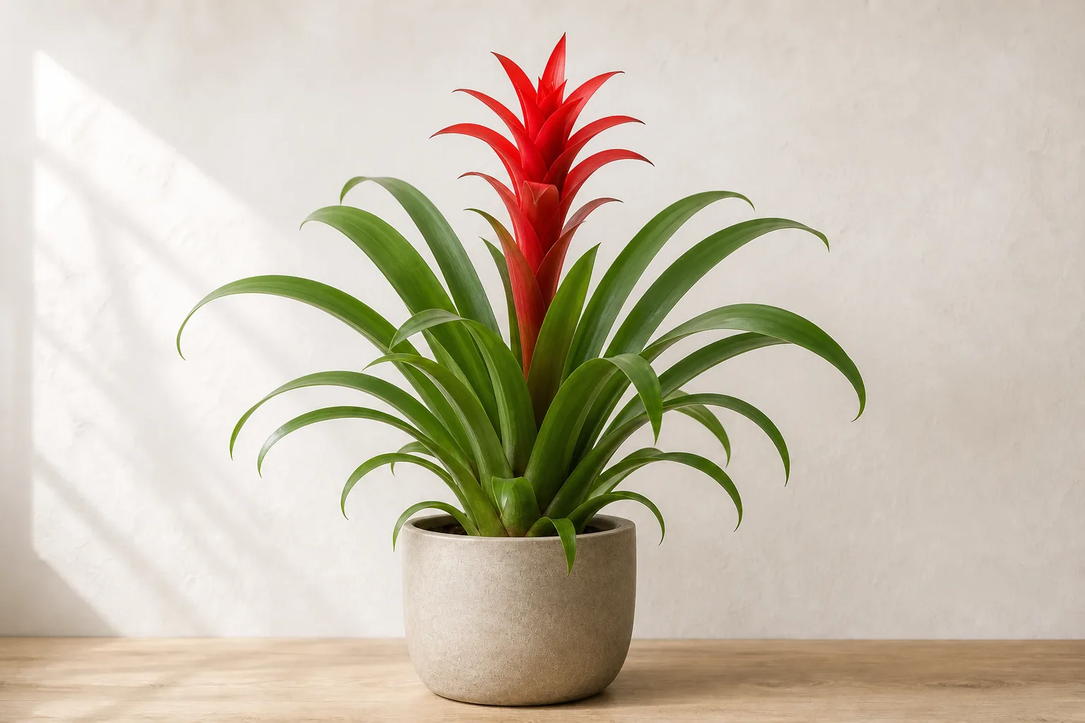 Scarlet Star Bromeliad in a warm stone ceramic pot against an off-white wall