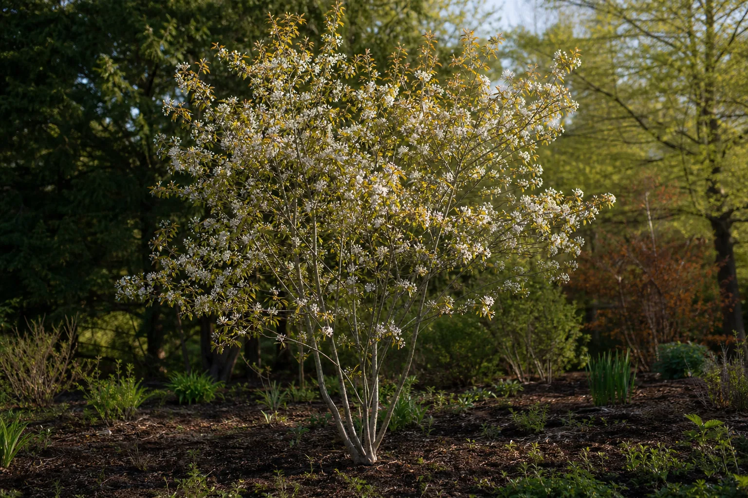 Serviceberry flowering white in a woodland-edge home garden