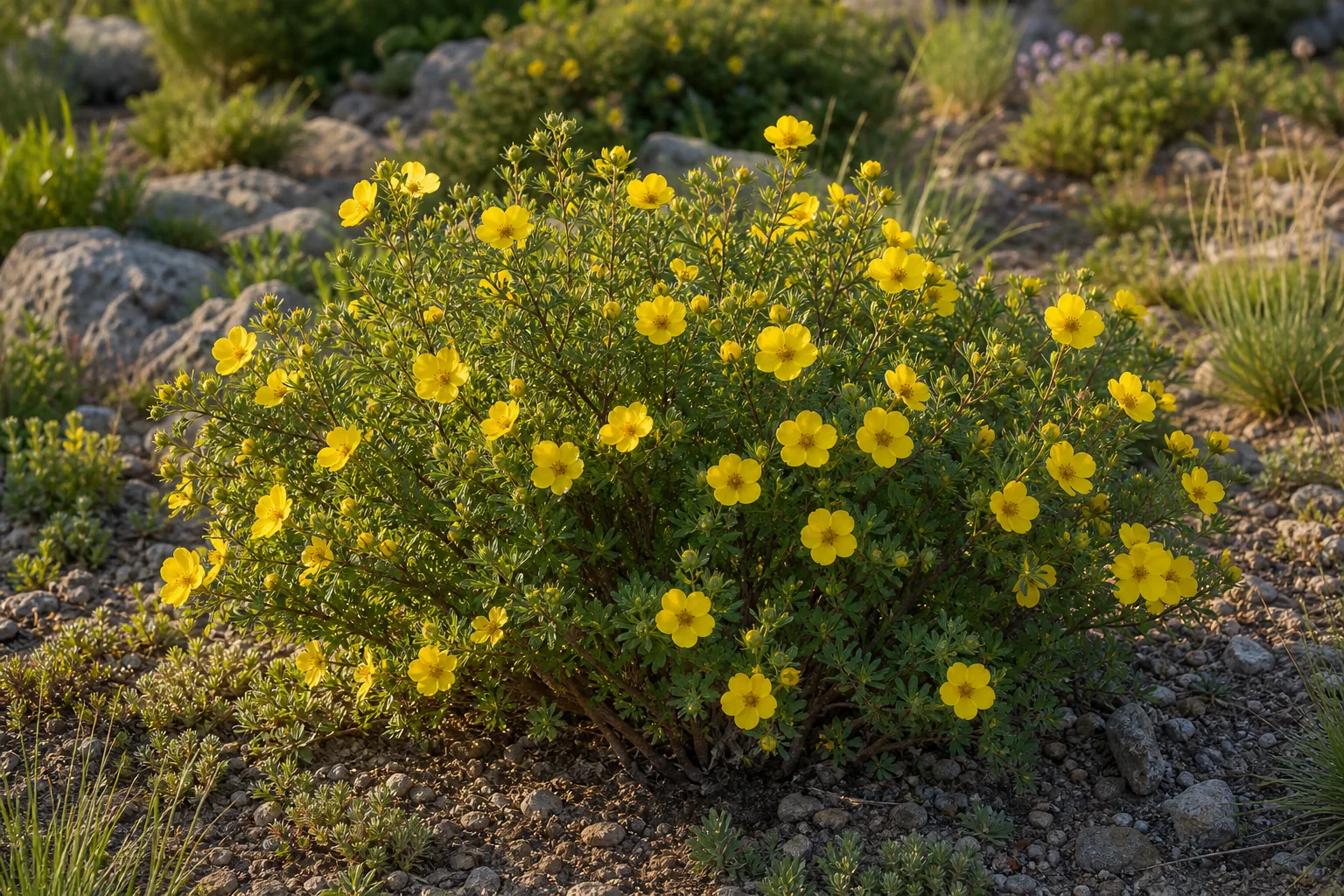 Yellow Shrubby Cinquefoil flowers growing in a sunny garden bed