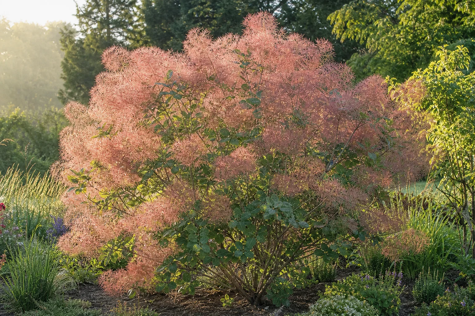 Pink Smokebush flower plumes glowing in a sunny natural garden bed