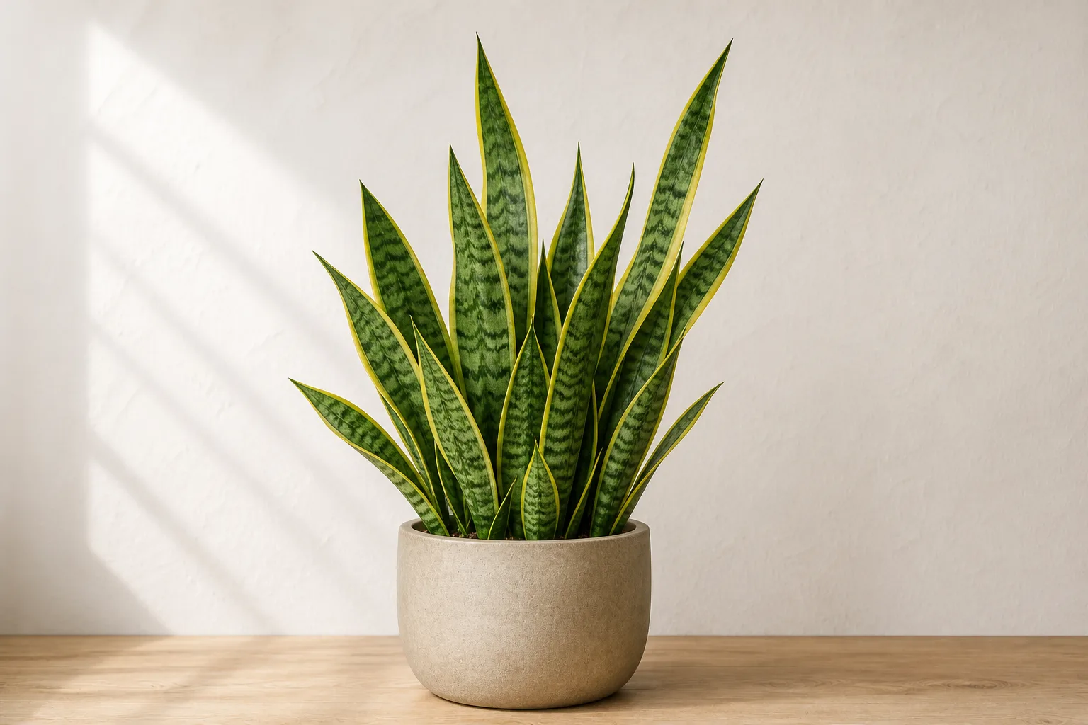 Snake Plant in a warm stone ceramic pot against an off-white wall