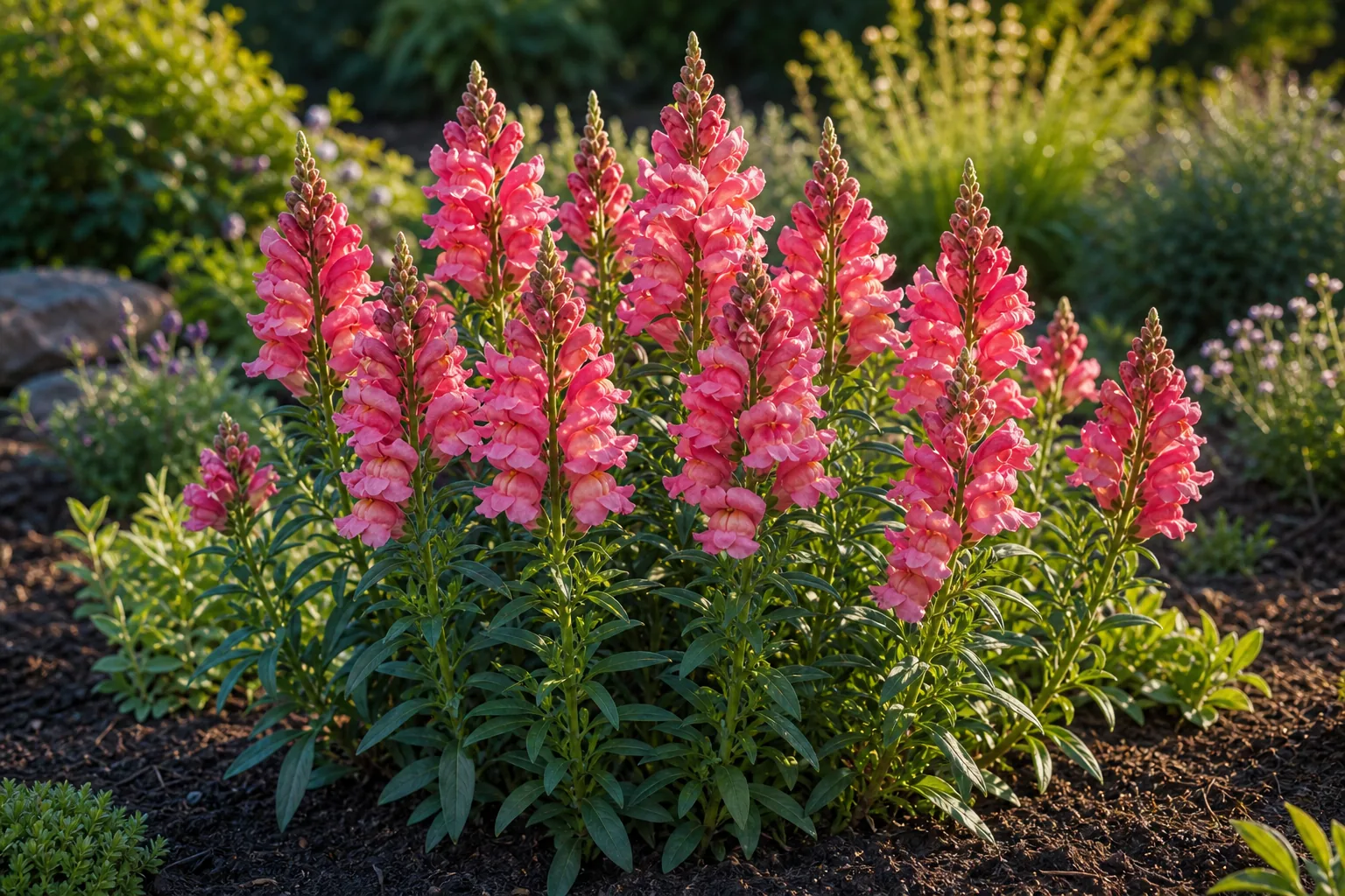 Pink Snapdragon flower spikes growing in a sunny garden bed