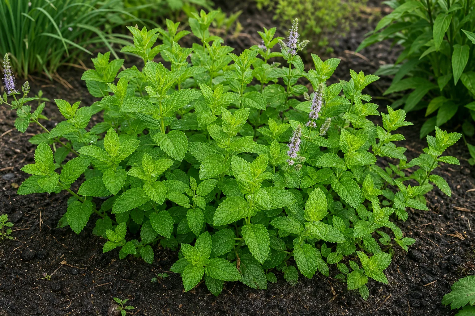 Spearmint growing in a moist natural herb garden bed