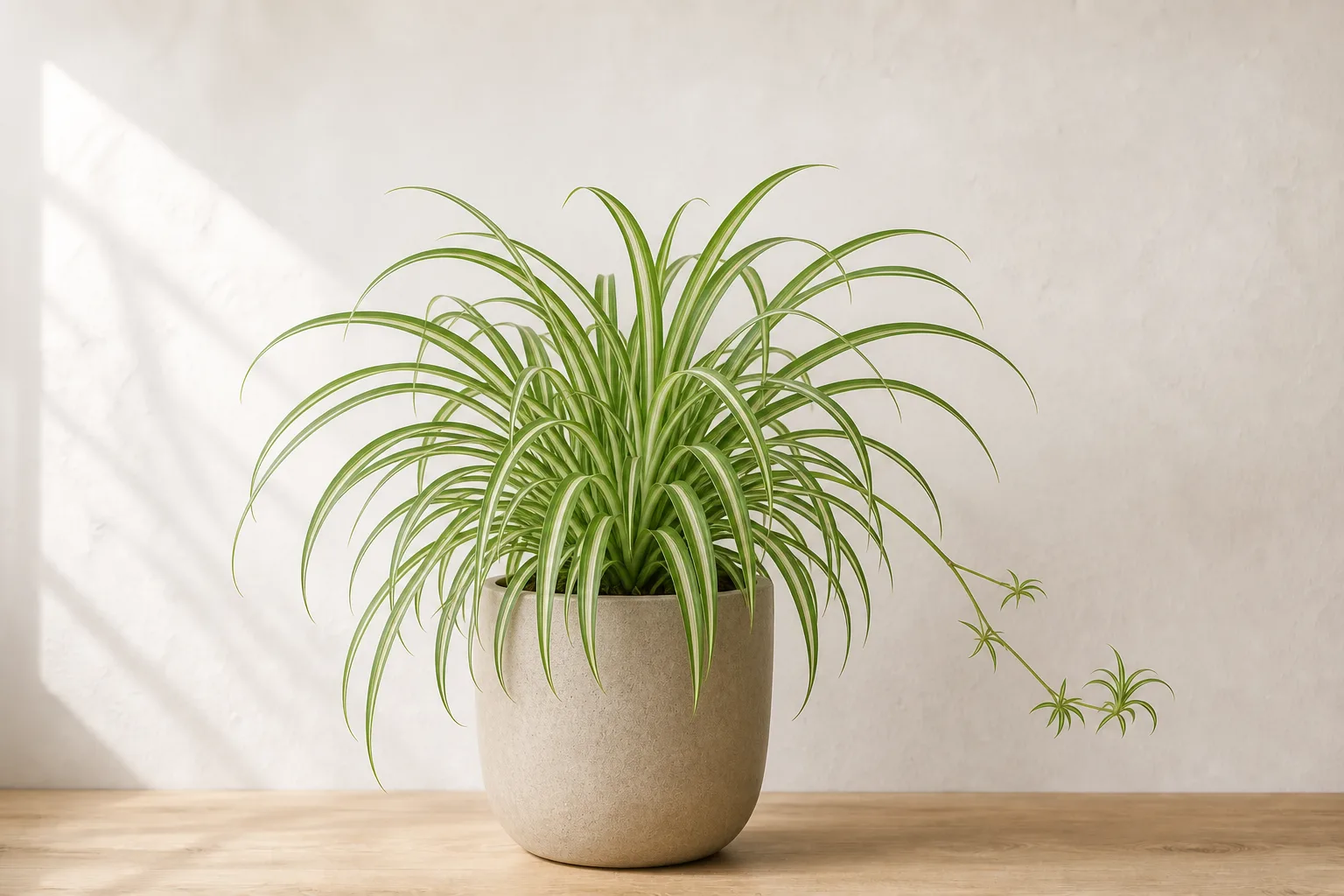 Arching spider plant leaves where narrow tips commonly reveal moisture or salt stress