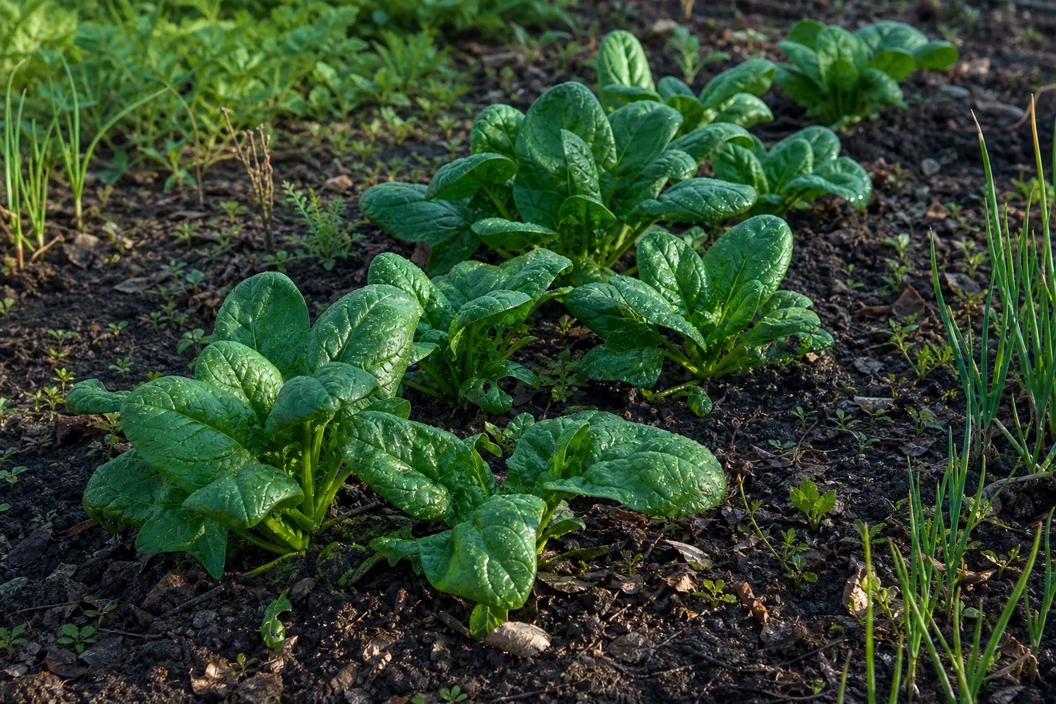 Green Spinach rosettes growing in a natural kitchen garden bed