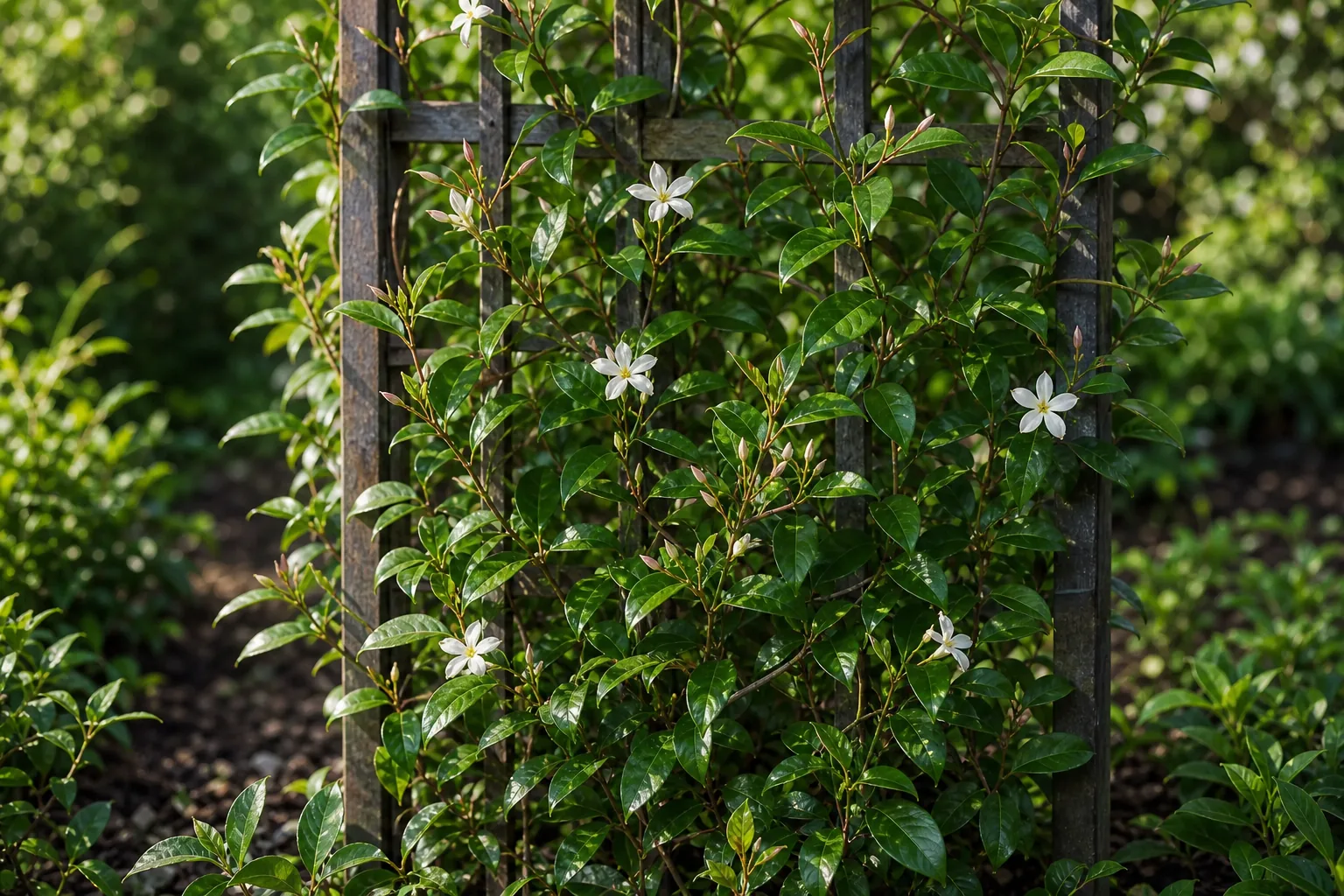 Star Jasmine flowering across an outdoor garden trellis