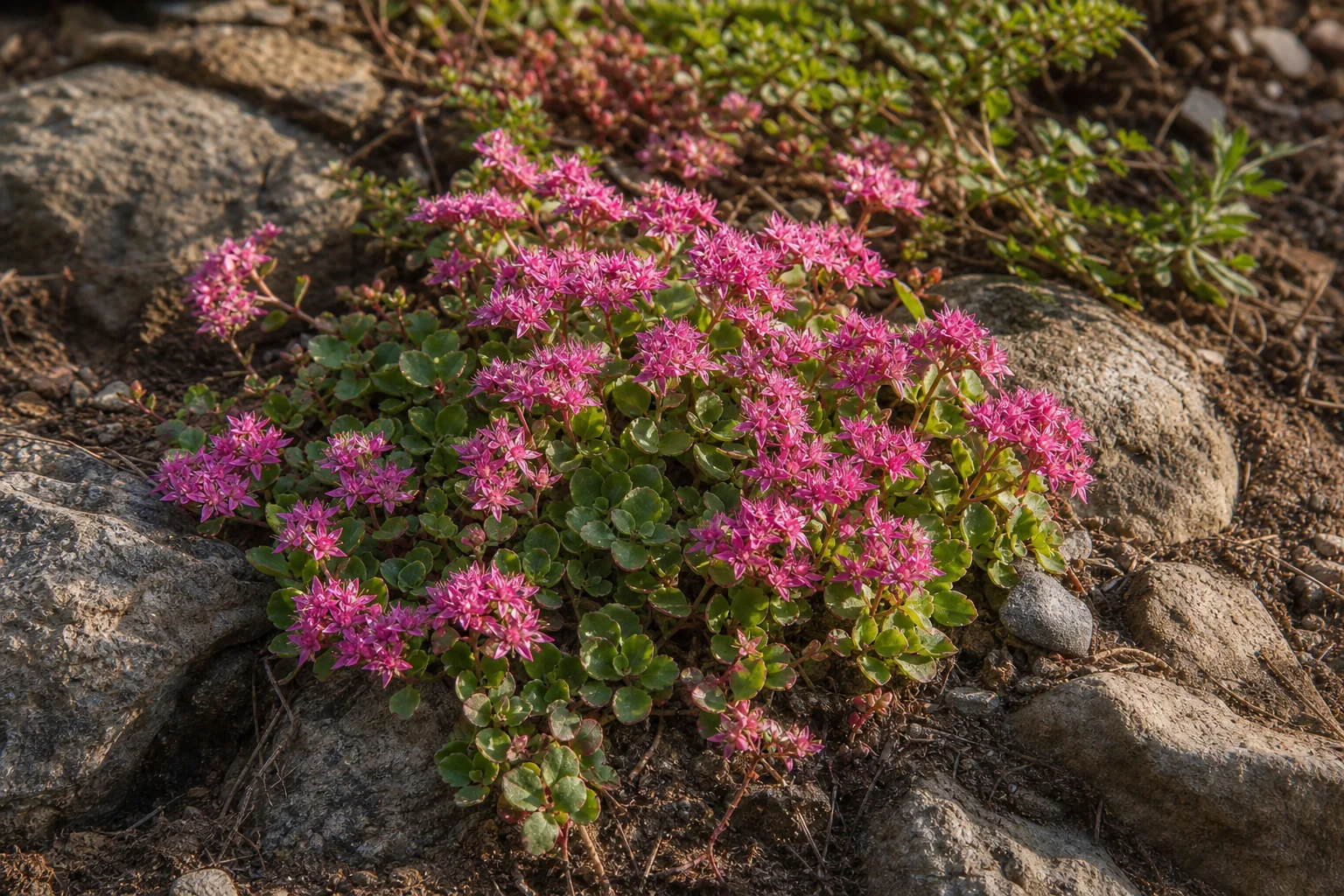 Pink Stonecrop flowers spreading across a rocky sunny garden bed