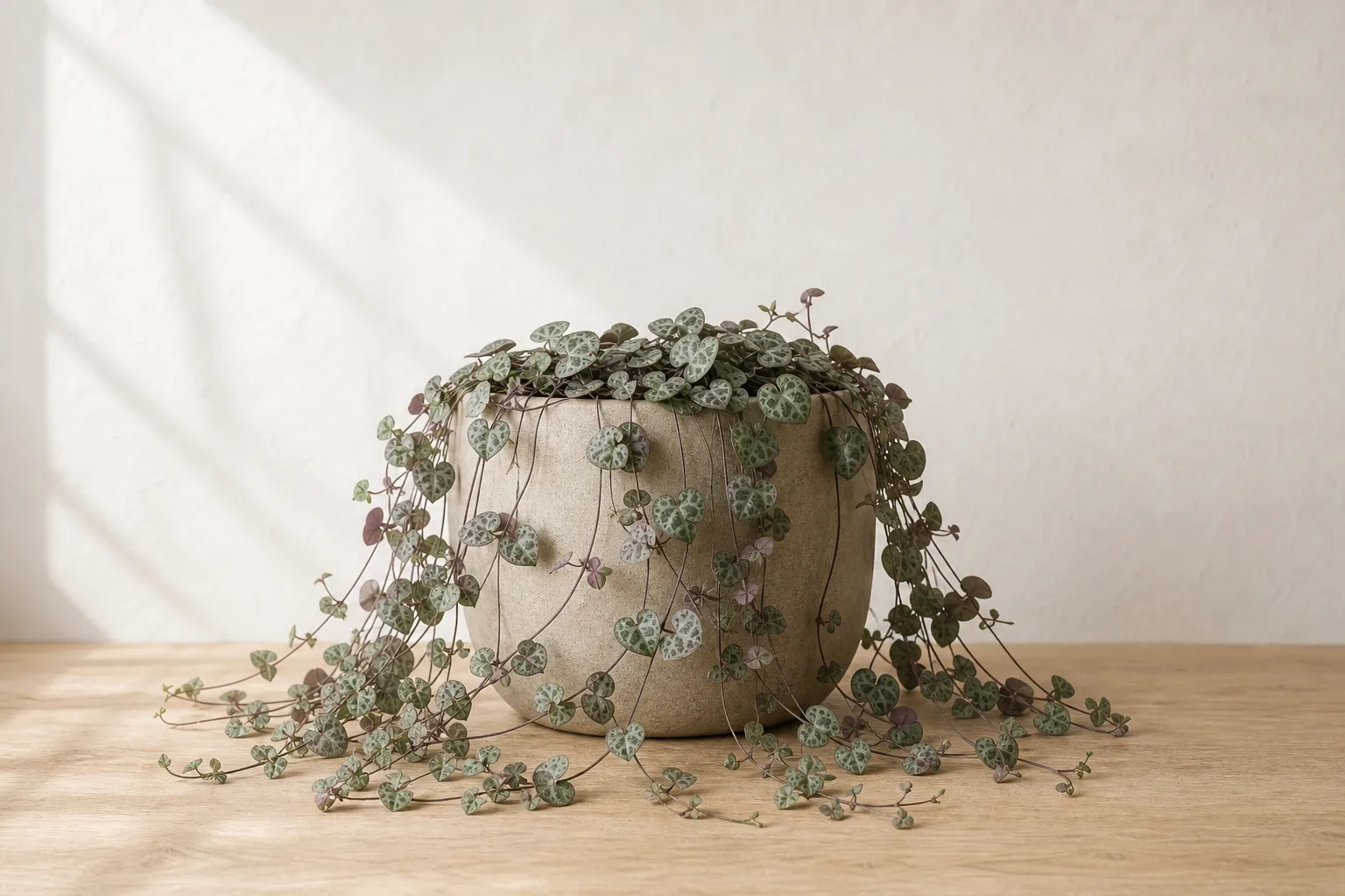 String of hearts in a small hanging pot requiring measured vacation watering