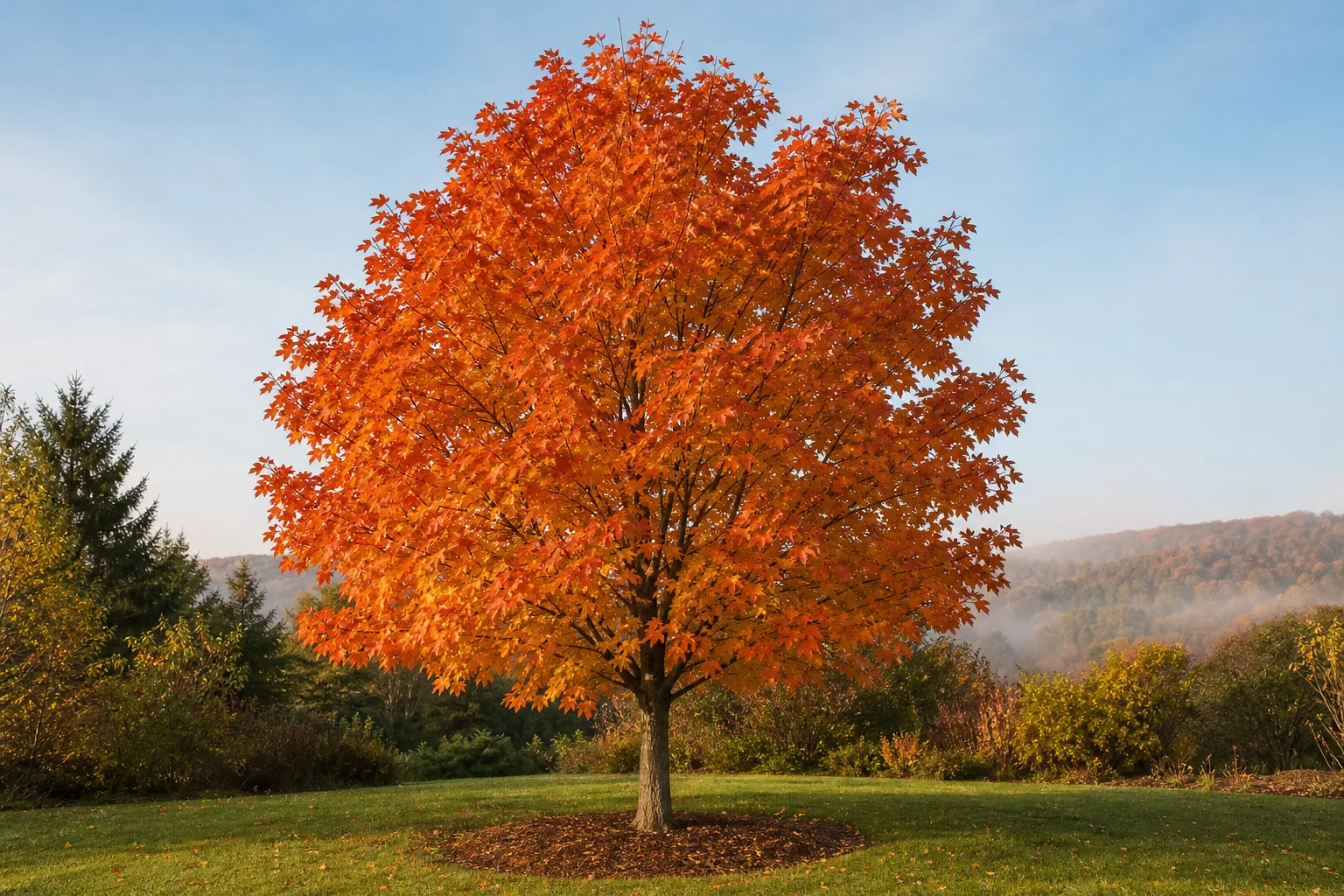 Sugar Maple growing in a spacious autumn garden with orange-red foliage