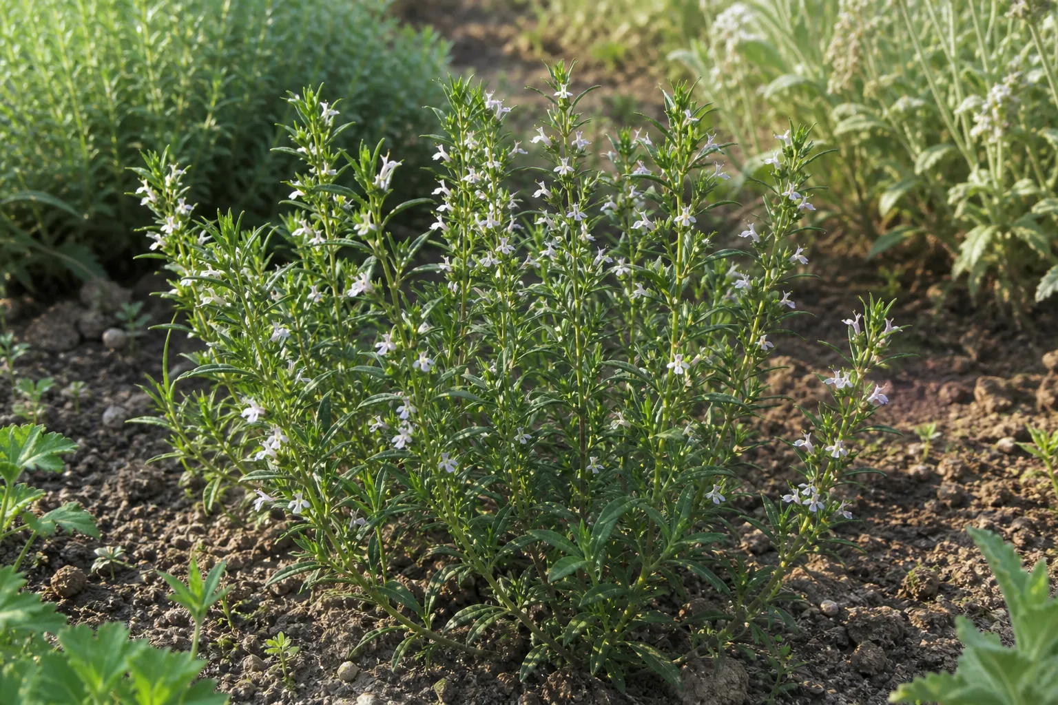 Summer Savory flowering in a sunny natural herb garden bed