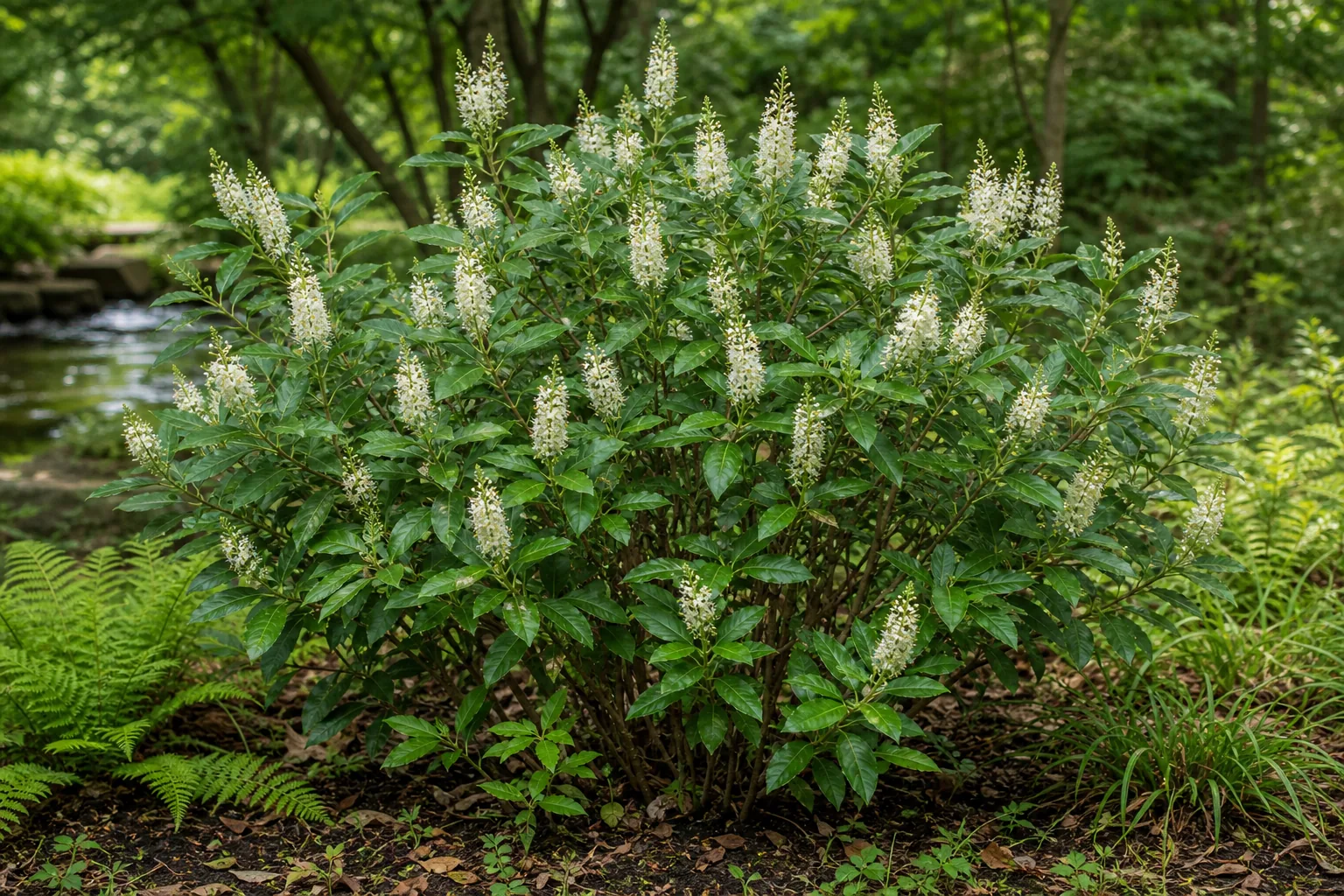 White Summersweet flower spikes growing in a moist woodland-edge garden bed