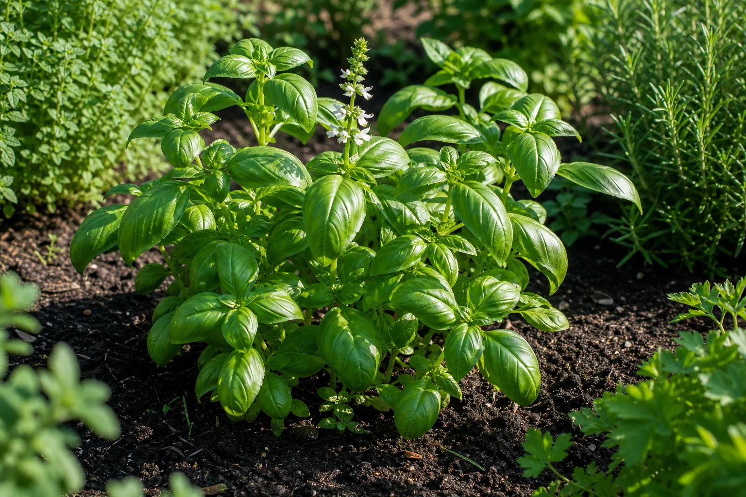 Sweet Basil growing in a sunny natural herb garden bed