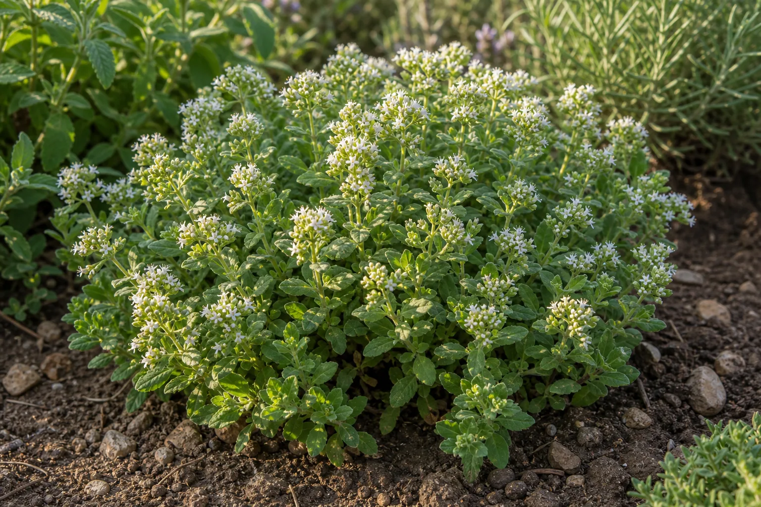 Sweet Marjoram flowering in a sunny natural herb garden bed