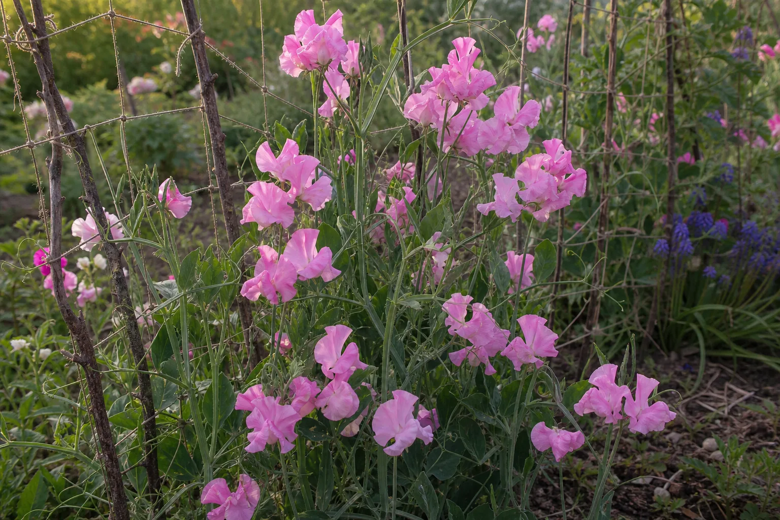 Pink Sweet Pea flowers climbing a cool-season garden trellis
