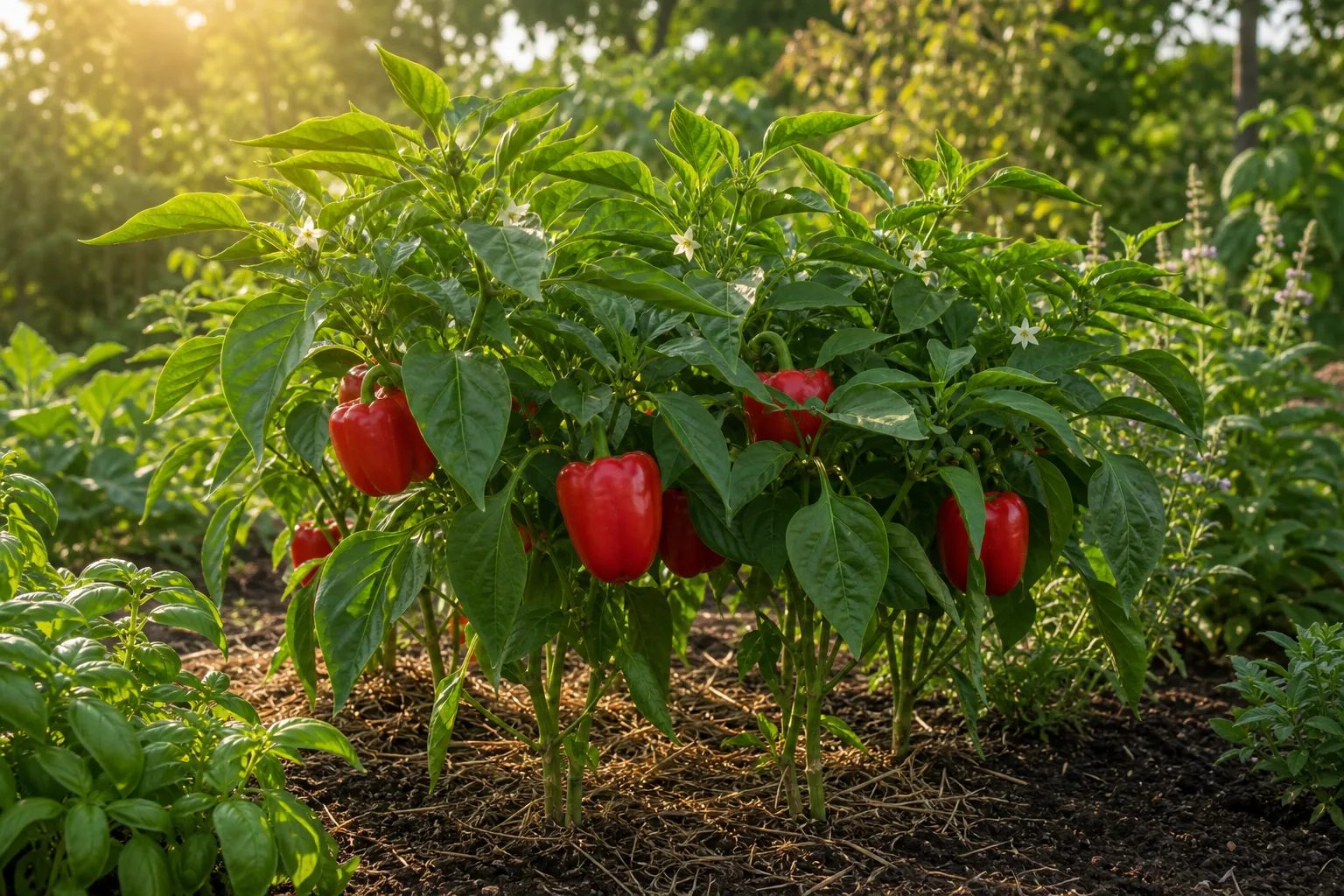 Sweet Pepper plants bearing red fruit in a sunny kitchen garden bed