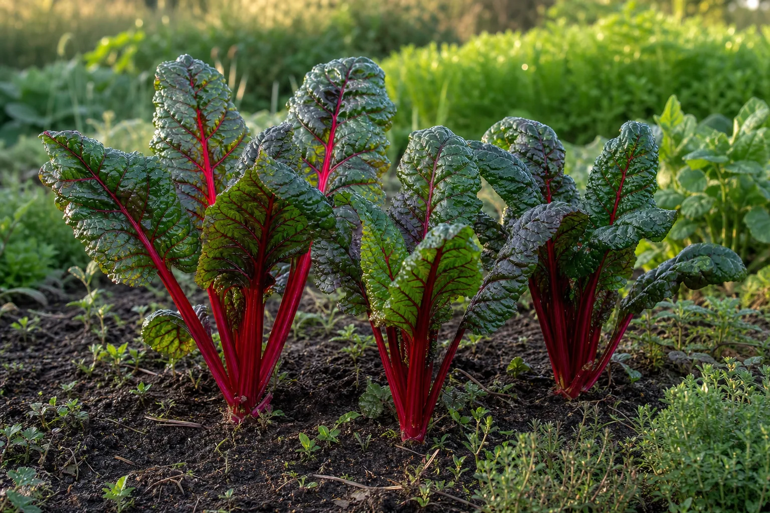 Red-stemmed Swiss Chard growing in a natural kitchen garden bed
