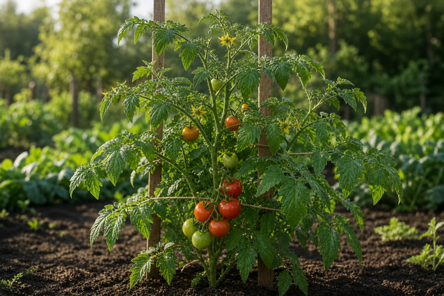 Tomato plants ripening on supports in a sunny vegetable garden