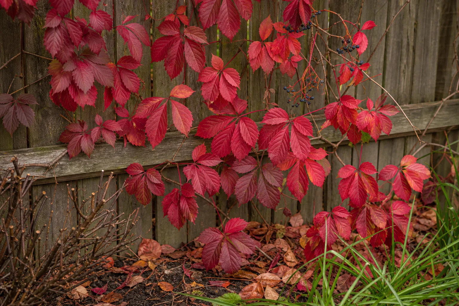 Red Virginia Creeper foliage climbing a timber garden fence outdoors