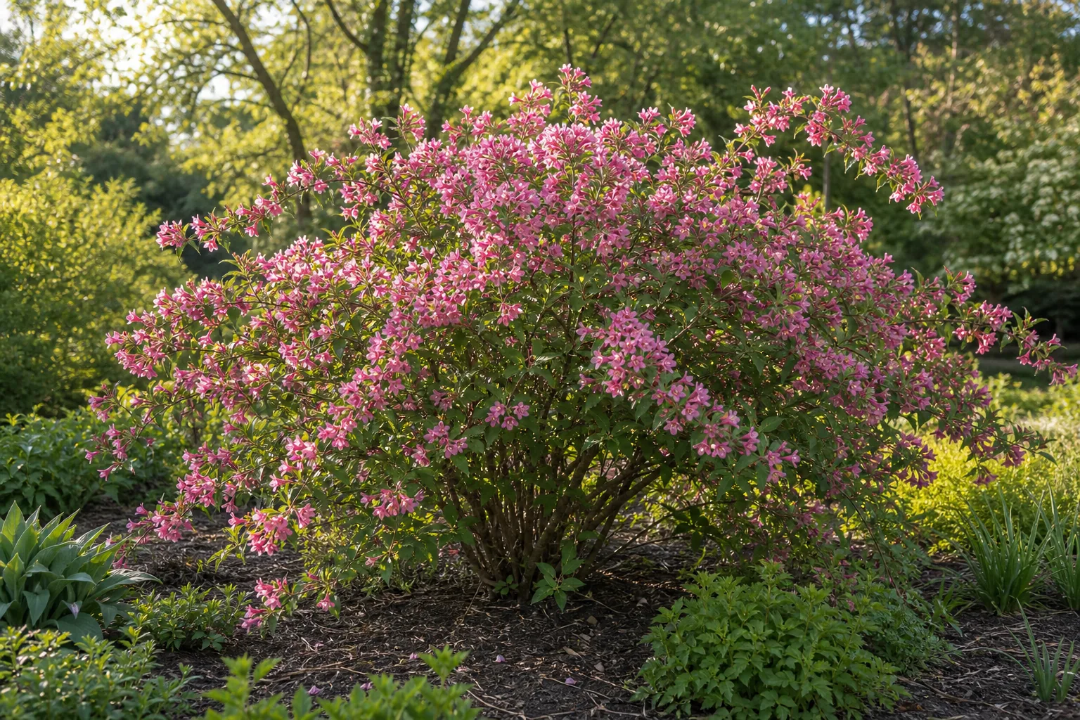 Pink Weigela trumpet flowers growing in a sunny garden bed